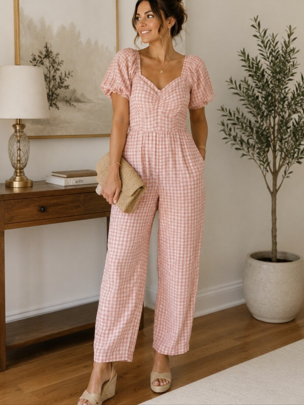 Jessica Simpson Pink Gingham Smocked Puff Sleeve Jumpsuit | Cottagecore | Size S